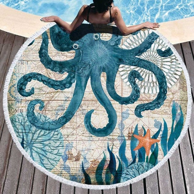 Microfiber Round Undersea Creature Beach Towel